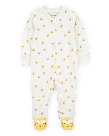 Baby Bee Print 2-Way Zip Cotton Sleep & Play Pajamas - Cream, 
