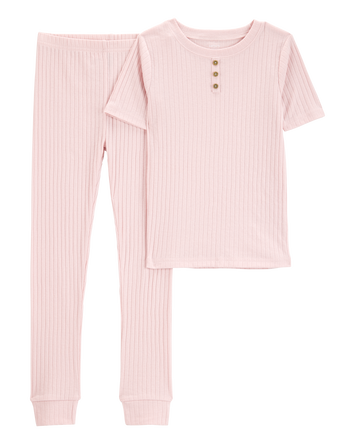Kid Solid Ribbed Cotton Blend 2-Piece Pajamas - Pink, 