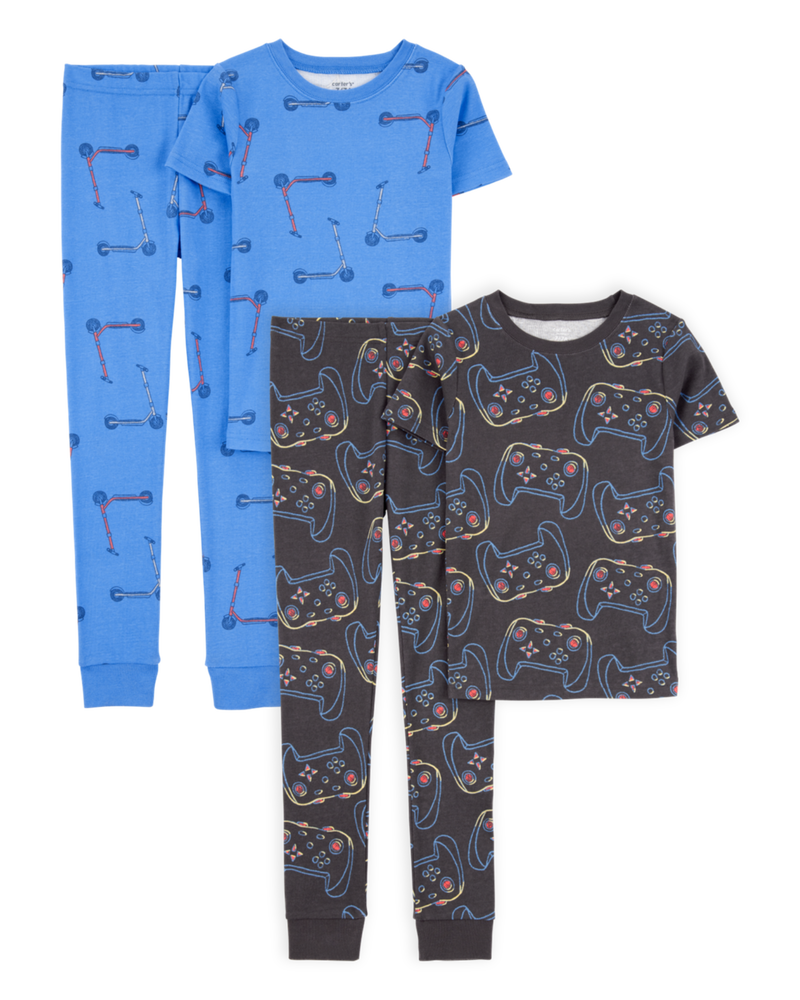 Kid 4-Piece Snug Fit 100% Cotton Pajamas - Blue/Black, image 1 of 5 slides