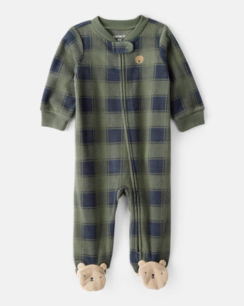 Baby Boy Bear Plaid Print Fleece Loose Fit Long-Sleeve Sleep & Play Pajamas - Green, 