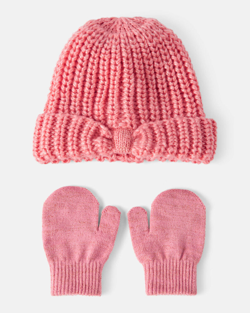 Toddler Girl 2-Piece  Shimmer Winter Hat & Mittens - Pink, image 1 of 3 slides