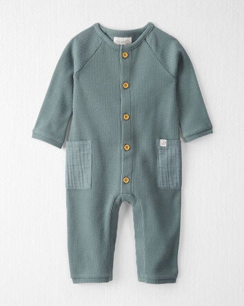 Baby Organic Cotton Waffle Knit Button-Down Jumpsuit, 