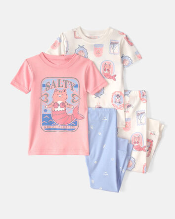 Baby Girl Mermaid Cat 100% Cotton Snug Fit 4-Piece Pajama Set - Pink/Ivory, 