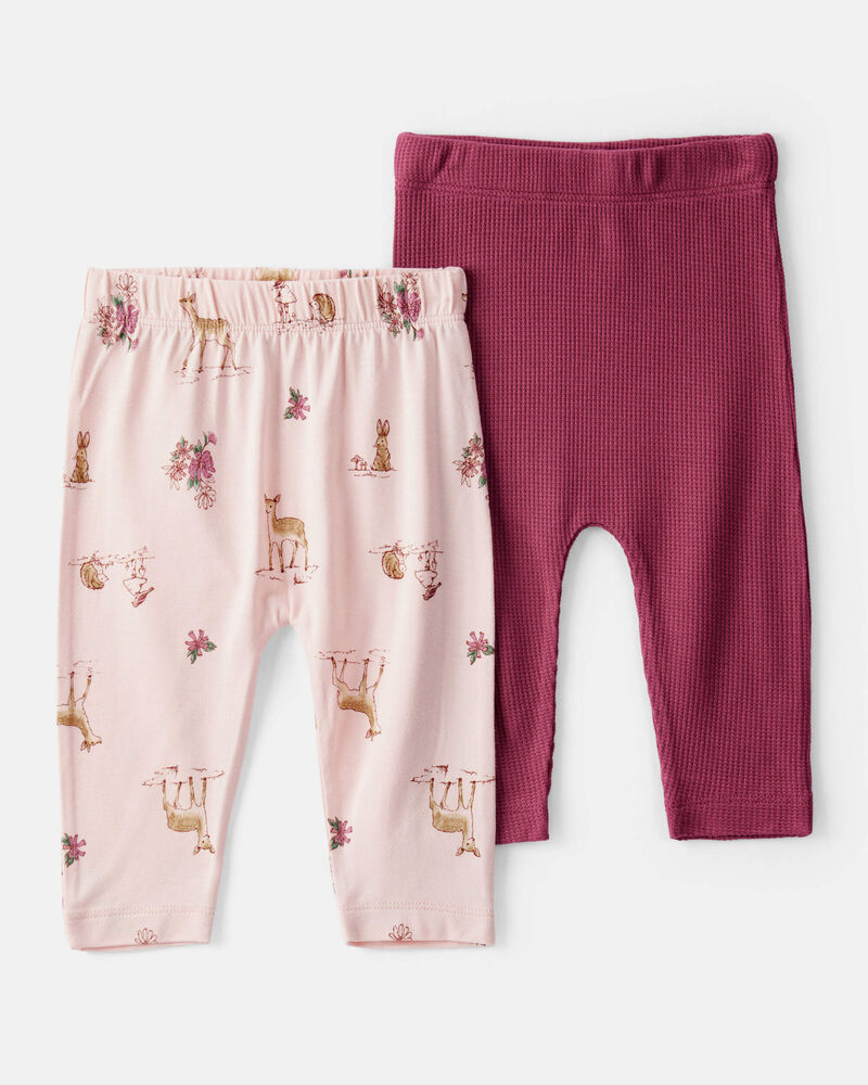 Baby Girl 2-Pack Deer & Floral Print PurelySoft Pull-On Pants - Burgundy/Pink, image 1 of 7 slides