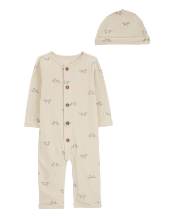 Baby 2-Piece  Button Jumpsuit & Cap Set, 