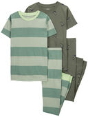 Green - Kid 4-Piece Rugby Stripe 100% Snug Fit Cotton Pajamas