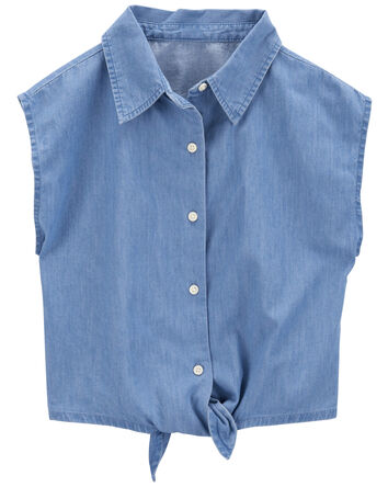 Kid Button-Up Tie-Front Chambray Top, 