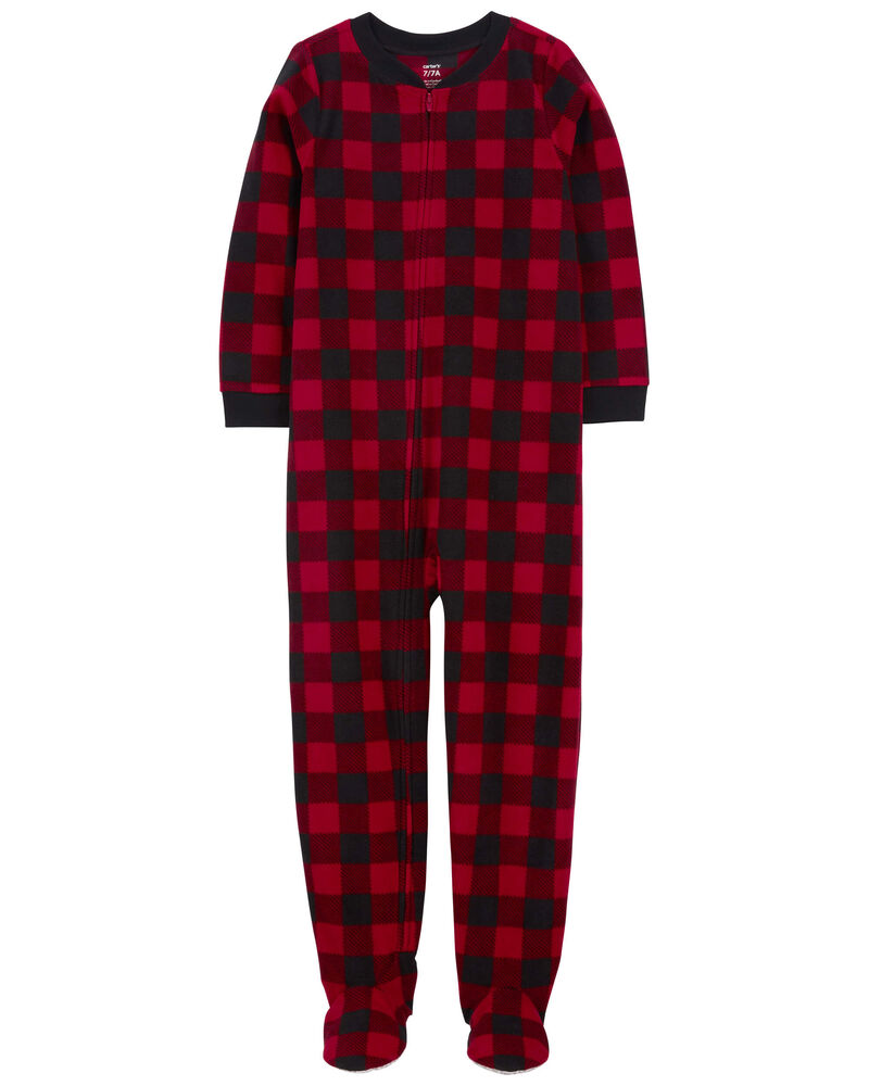 Kid 1-Piece Buffalo Check Fleece Footie Pajamas, image 1 of 3 slides