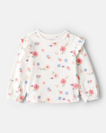 Baby Girl Floral Cotton Ruffle Long-Sleeve Top - White, 