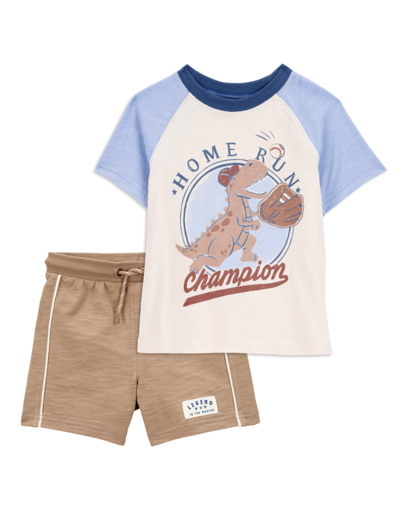 Toddler 2-Piece Dinosaur Baseball Tee & Pull-On Shorts Set - Cream/Brown, image 1 of 8 slides