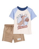 Toddler 2-Piece Dinosaur Baseball Tee & Pull-On Shorts Set - Cream/Brown, image 1 of 8 slides