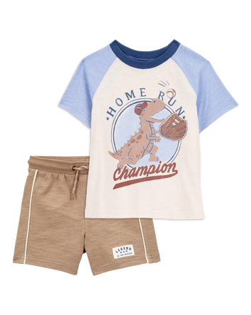 Toddler 2-Piece Dinosaur Baseball Tee & Pull-On Shorts Set - Cream/Brown, 