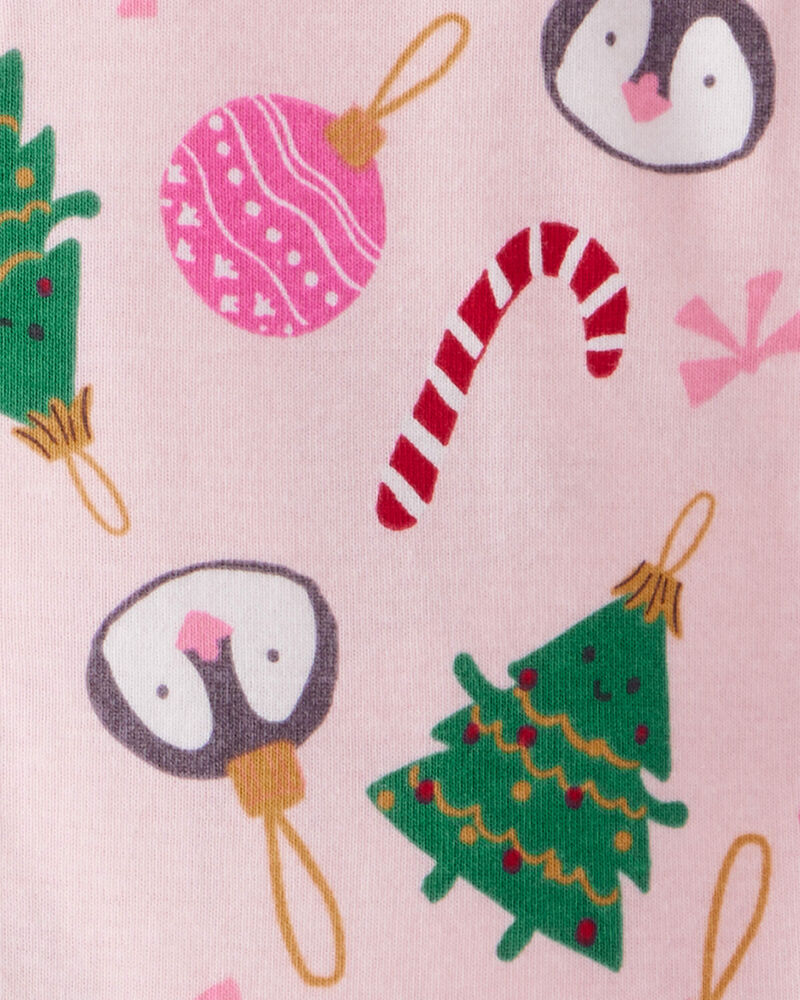 Toddler Girl Christmas Ornament Print 100% Cotton Long-Sleeve 2-Way Zip 1-Piece Pajamas - Pink, image 3 of 4 slides