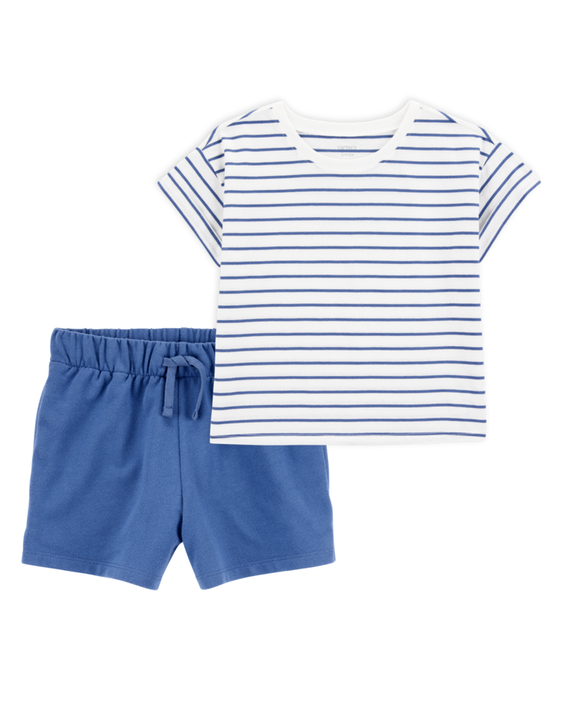 Kid 2-Piece Striped Top & Pull-On French Terry Shorts Set, image 1 of 6 slides