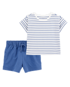 Kid 2-Piece Striped Top & Pull-On French Terry Shorts Set, image 1 of 6 slides