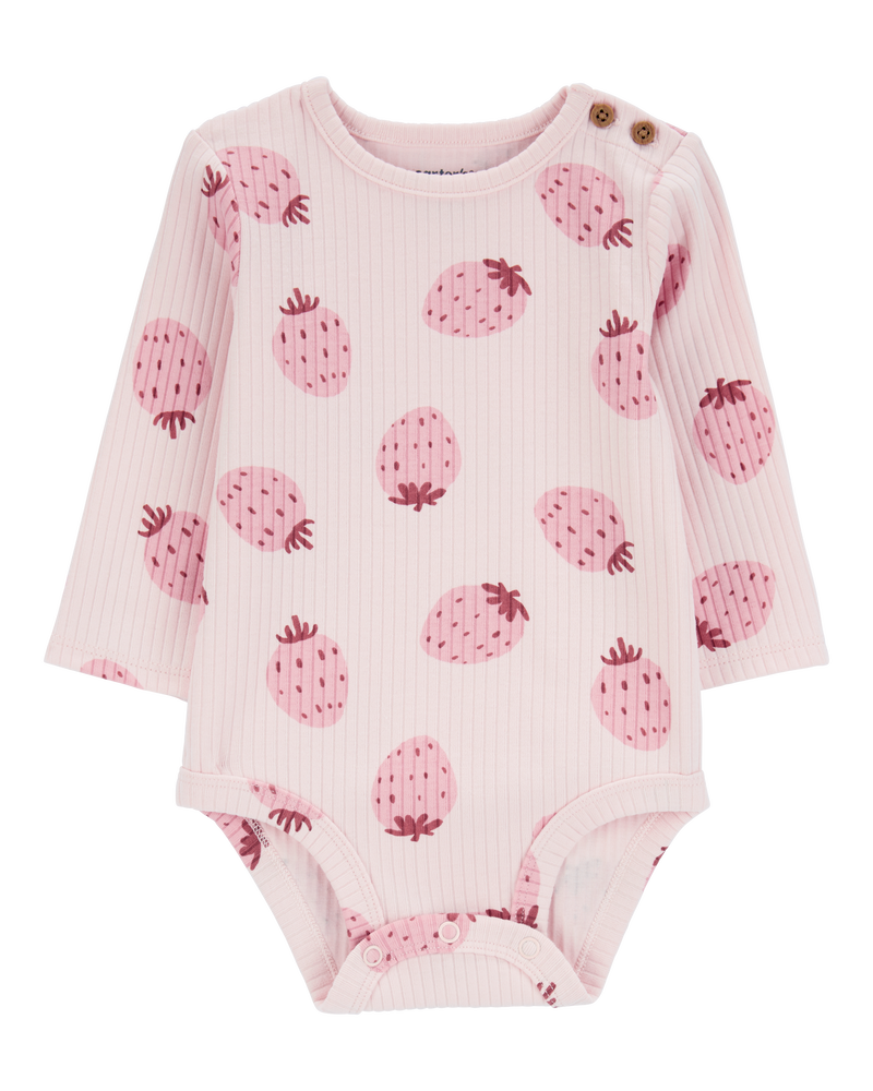 Baby Strawberry Ribbed Long-Sleeve Bodysuit, image 1 of 3 slides