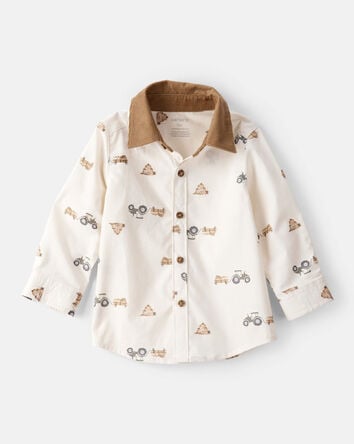 Baby Boy Tractor Print Cotton Long-Sleeve Button Down Shirt - White, 