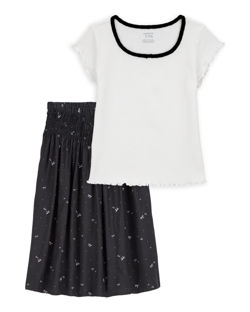 Kid 2-Piece Pointelle Tee & Bow Print Maxi Skirt Set - Black/White, image 1 of 5 slides