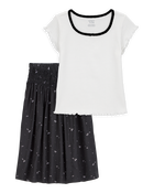 Kid 2-Piece Pointelle Tee & Bow Print Maxi Skirt Set - Black/White, image 1 of 5 slides