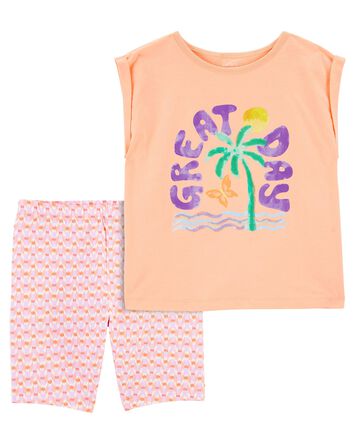 Kid 2-Piece Palm Tree Knit Tee & Geo Print Bike Shorts Set
, 