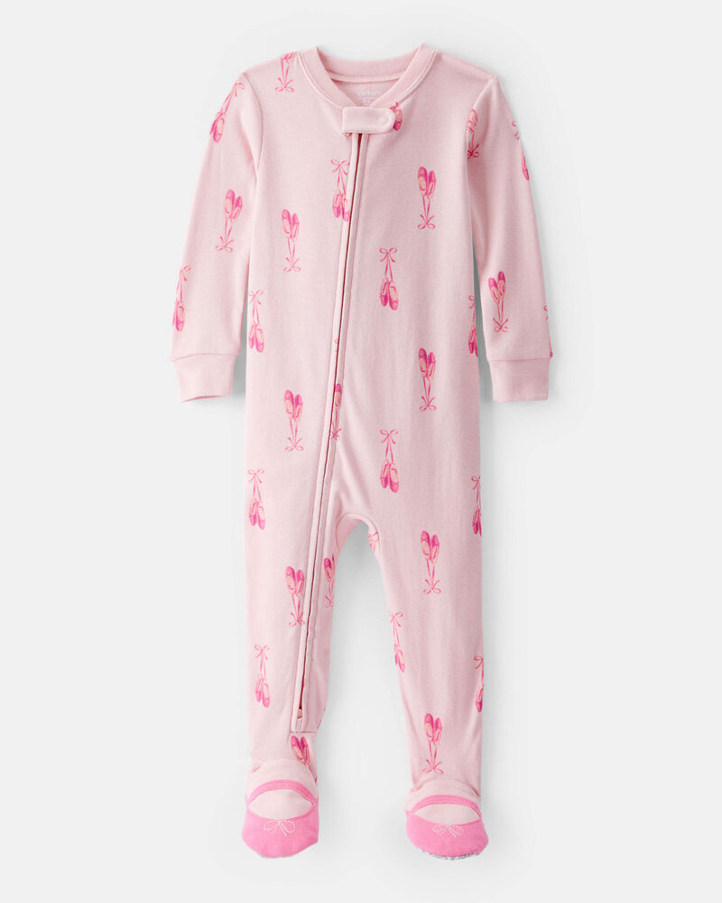 Baby Girl Ballet Print 100% Cotton Long-Sleeve 2-Way Zip 1-Piece Pajamas - Pink, image 1 of 4 slides
