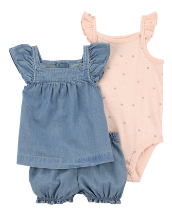 Baby Girl 3-Piece Chambray Outfit Set - Chambray/Pink, 