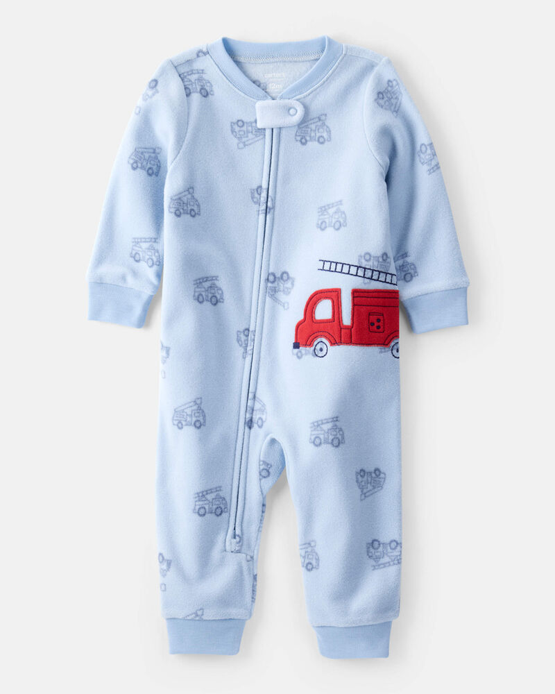 Toddler Boy Firetruck Print Loose Fit Long-Sleeve 2-Way Zip Pajamas - Blue, image 1 of 4 slides
