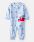 Toddler Boy Firetruck Print Loose Fit Long-Sleeve 2-Way Zip Pajamas - Blue, image 1 of 4 slides