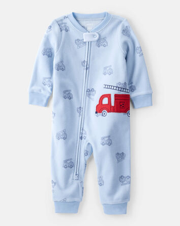 Toddler Boy Firetruck Print Loose Fit Long-Sleeve 2-Way Zip Pajamas - Blue, 