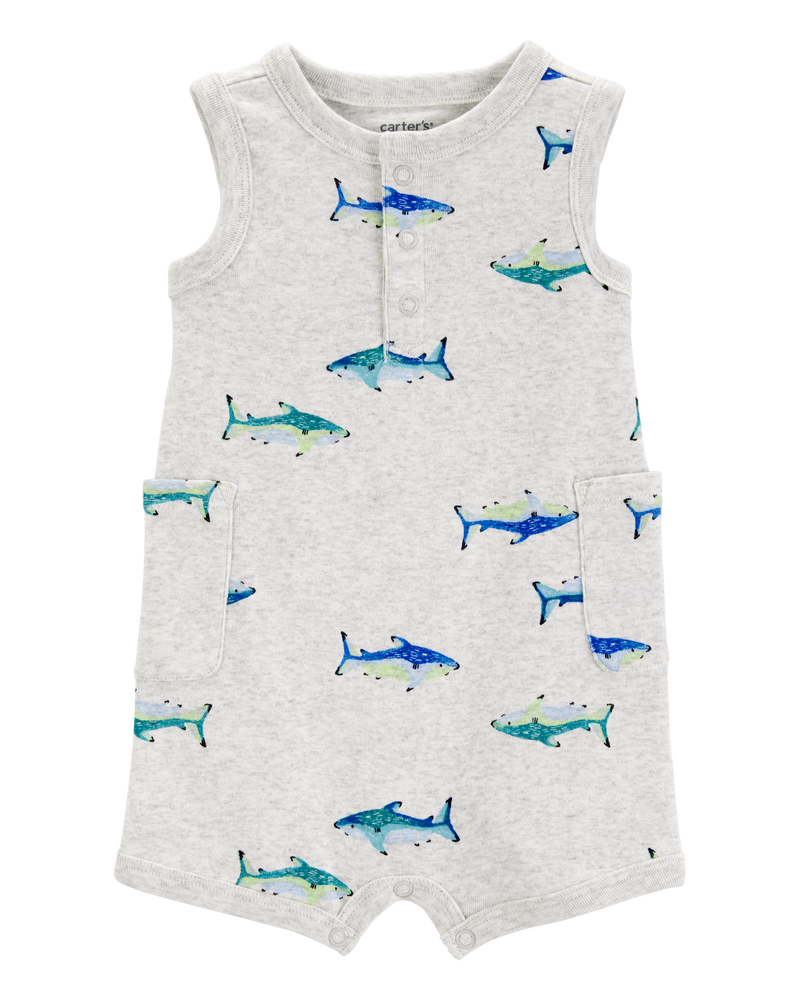 Baby Fish Cotton Blend Romper - Grey, image 1 of 4 slides