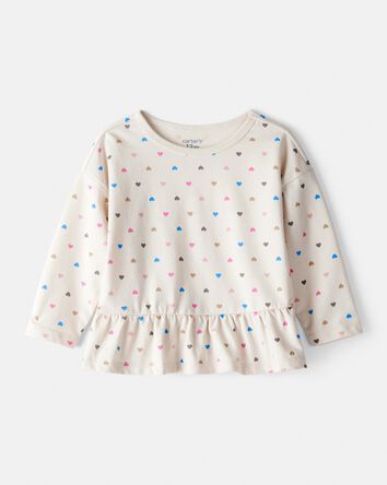 Baby Girl Heart Print Long-Sleeve Peplum Top - Cream, 