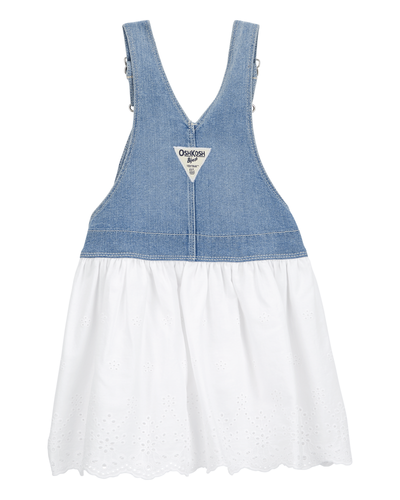 Toddler Stretch Denim Eyelet Jumper Dress, image 2 of 5 slides