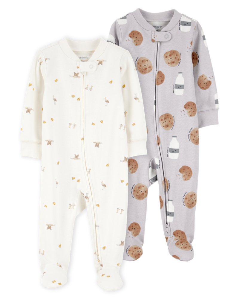 Baby 2-Pack  Cotton 2-Way Zip Sleep & Play Pajamas - Grey/Ivory, image 1 of 5 slides