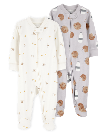 Baby 2-Pack  Cotton 2-Way Zip Sleep & Play Pajamas - Grey/Ivory, 