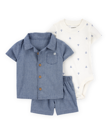 Baby Boy 3-Piece Chambray Anchor Outfit Set - Blue, 
