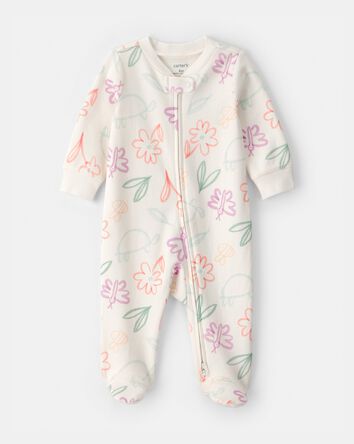 Baby Girl Spring Floral 2-Way Zip 100% Cotton Sleep & Play Pajama - Ivory, 