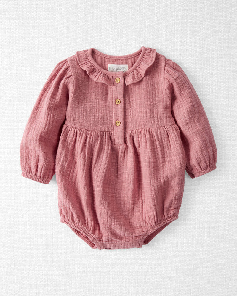 Baby Organic Cotton Gauze Ruffle Bubble in Dark Blush, image 1 of 4 slides