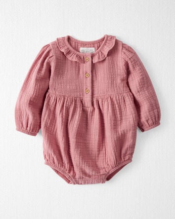 Baby Organic Cotton Gauze Ruffle Bubble in Dark Blush, 