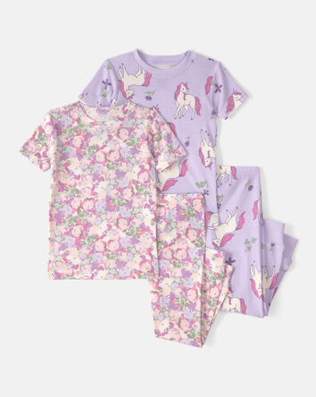 Baby Girl Unicorn Floral 100% Cotton Snug Fit 4-Piece Pajama Set - Pink/Purple, 