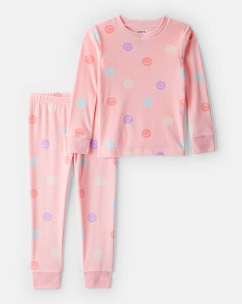 Toddler Girl Smiley Face Print Velour Long-Sleeve Loose Fit 2-Piece Pajamas - Pink, 
