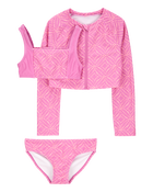 Kid 3-Piece Geometric Rashguard Swimsuit Set - Pink, image 1 of 5 slides
