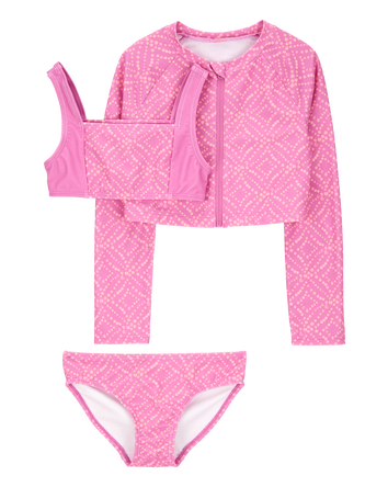 Kid 3-Piece Geometric Rashguard Swimsuit Set - Pink, 