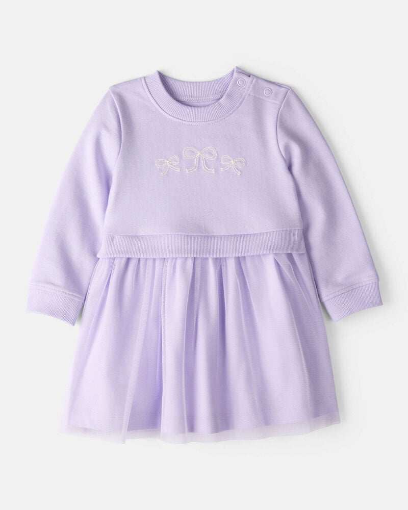 Baby Girl Bow Print Tulle Cotton Dress - Purple, image 1 of 6 slides