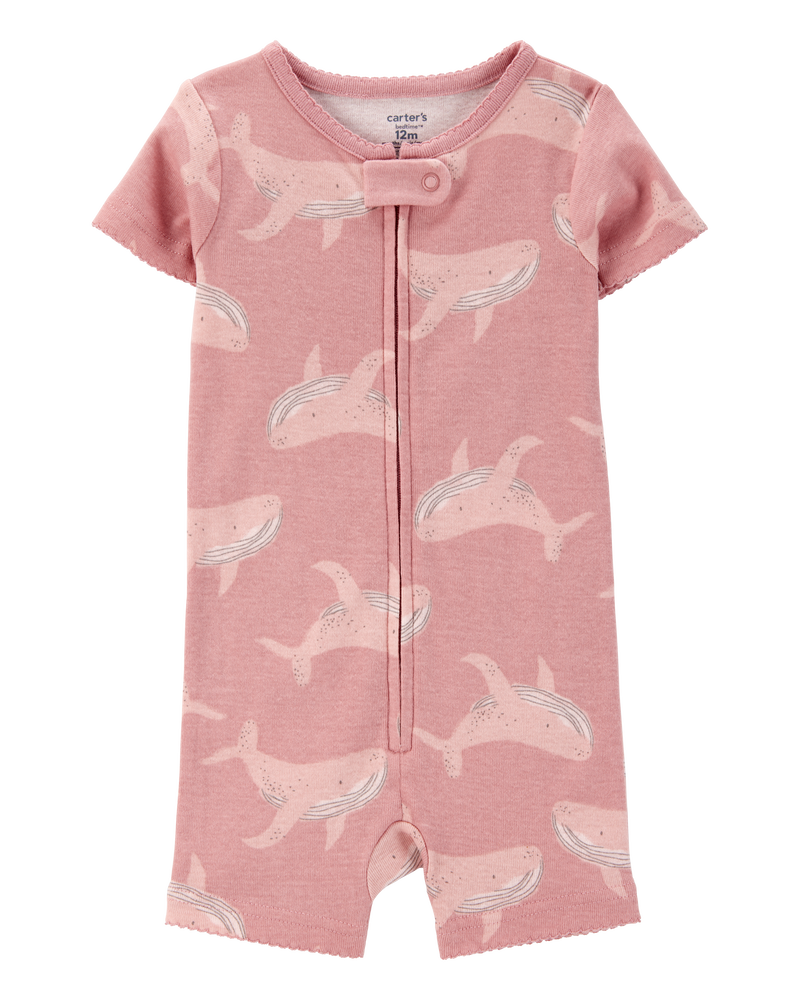 Baby Whale Print Snug Fit Cotton 1-Piece Pajamas - Pink, image 1 of 4 slides