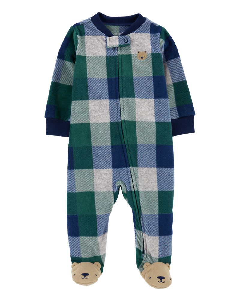 Baby Plaid Bear Fleece Zip-Up Footie Sleep & Play Pajamas, image 1 of 5 slides