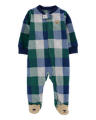 Baby Plaid Bear Fleece Zip-Up Footie Sleep & Play Pajamas, image 1 of 5 slides