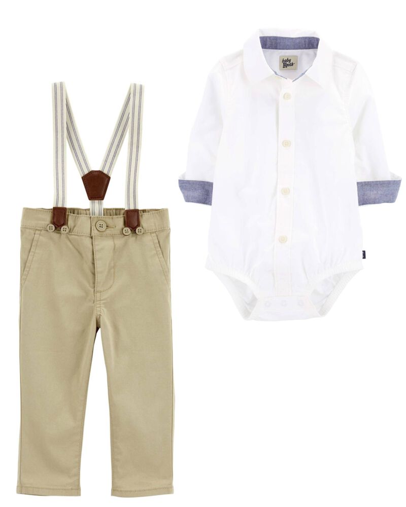 Baby 2-Piece Button-Front Bodysuit & Twill Suspender Pants Set, image 1 of 1 slides