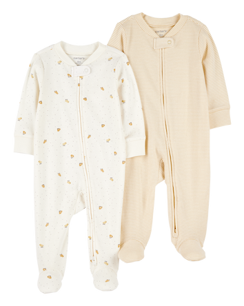 Baby 2-Pack Striped Duck Print 2-Way Zip Cotton Sleep & Play Pajamas, 