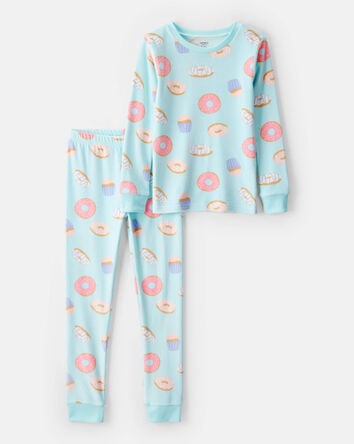 Girls Donut Print Velour Long-Sleeve Loose Fit 2-Piece Pajamas - Blue, 