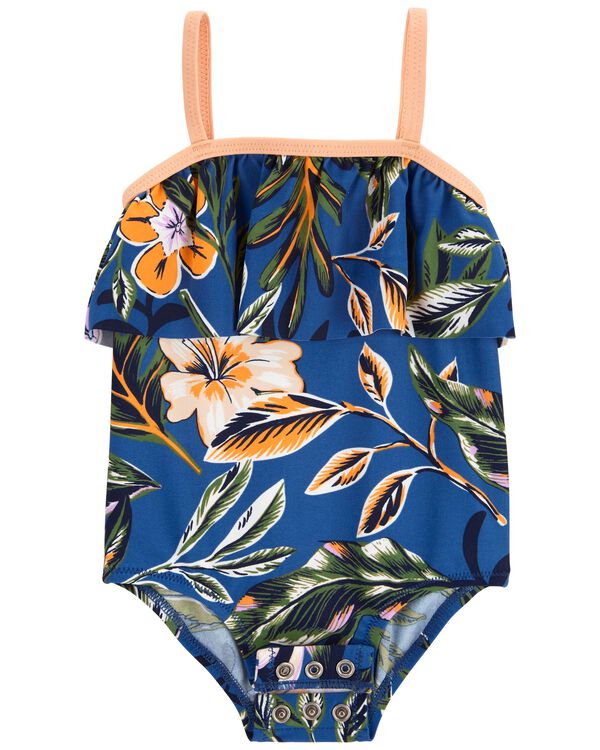 Blue Baby Floral Print Ruffle Swimsuit